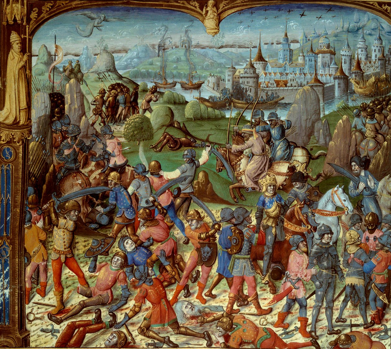 Septième croisade (1248-1254). Louis IX (Saint Louis) (1215-1270), roi de France, avec les croisés après avoir été vaincus par les Sarrasins à Mansourah en 1250. Ils se retirent derrière les tours de Damas. Louis IX et ses deux frères sont faits prisonnier - Unknown artist