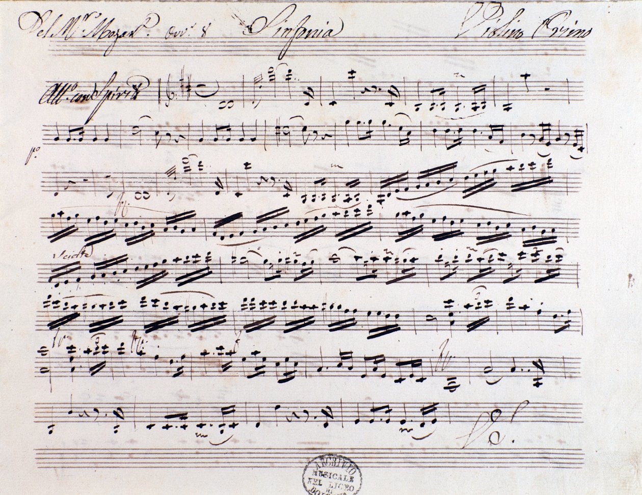 Page de la partition pour le premier violon de la Symphonie n. 7, par Mozart - Unknown artist
