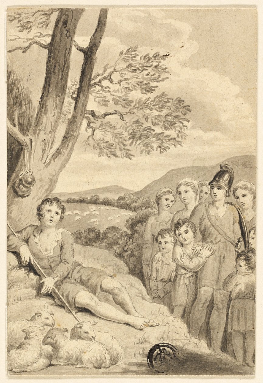 Garçon berger avec troupeau, observé par guerrier, femmes et enfants - Unknown artist