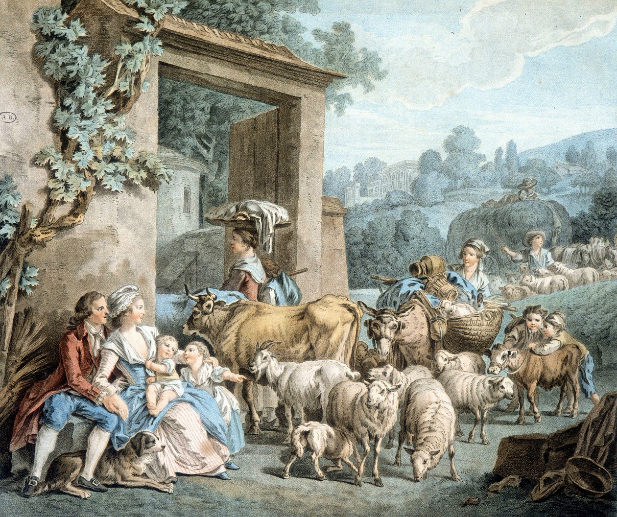 Bergers et troupeau de moutons devant une ferme - Unknown artist