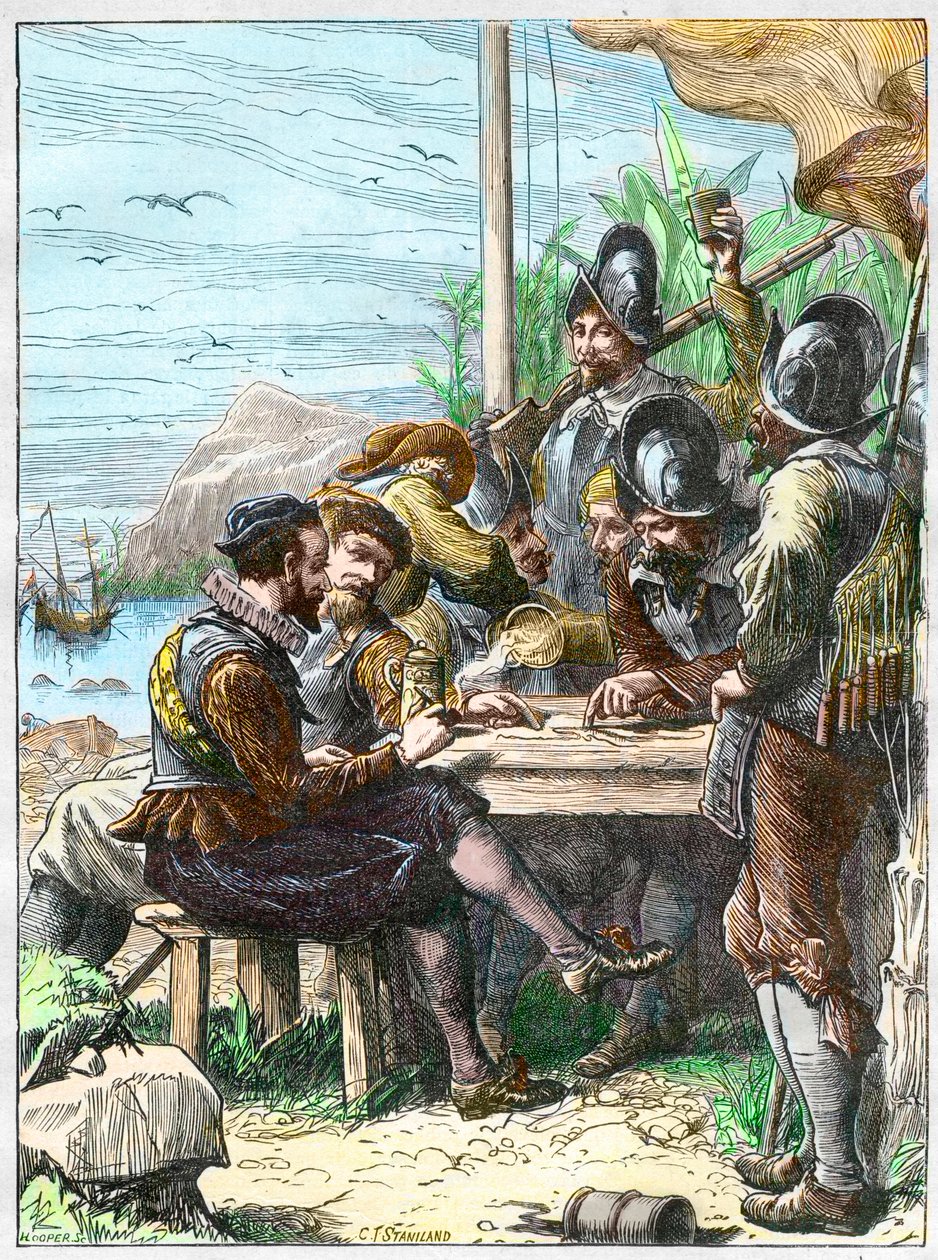 Sir Walter Raleigh à Trinidad, obtenant des informations des soldats espagnols concernant la Guyane, 1595 - Unknown artist