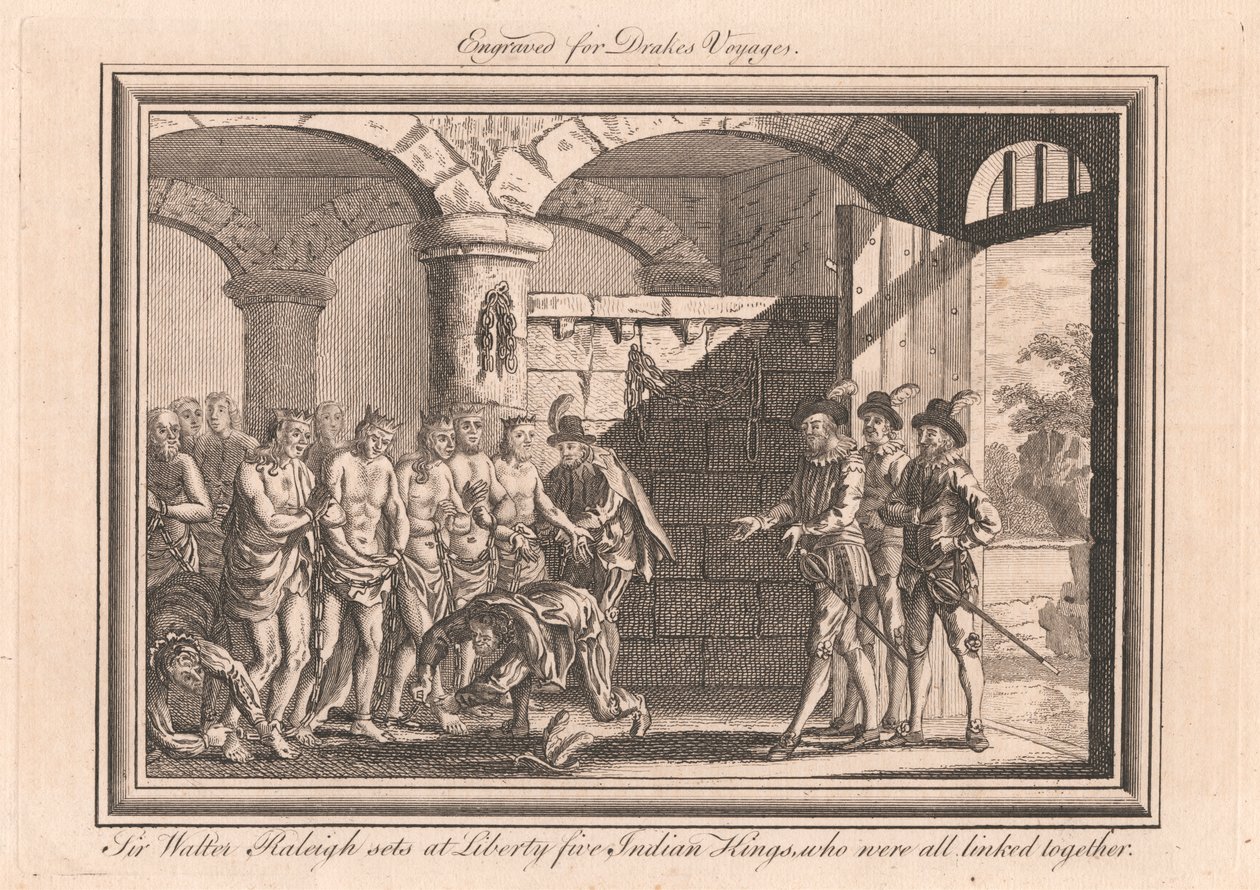 Sir Walter Raleigh libère cinq rois indiens, qui étaient tous enchaînés ensemble - Unknown artist