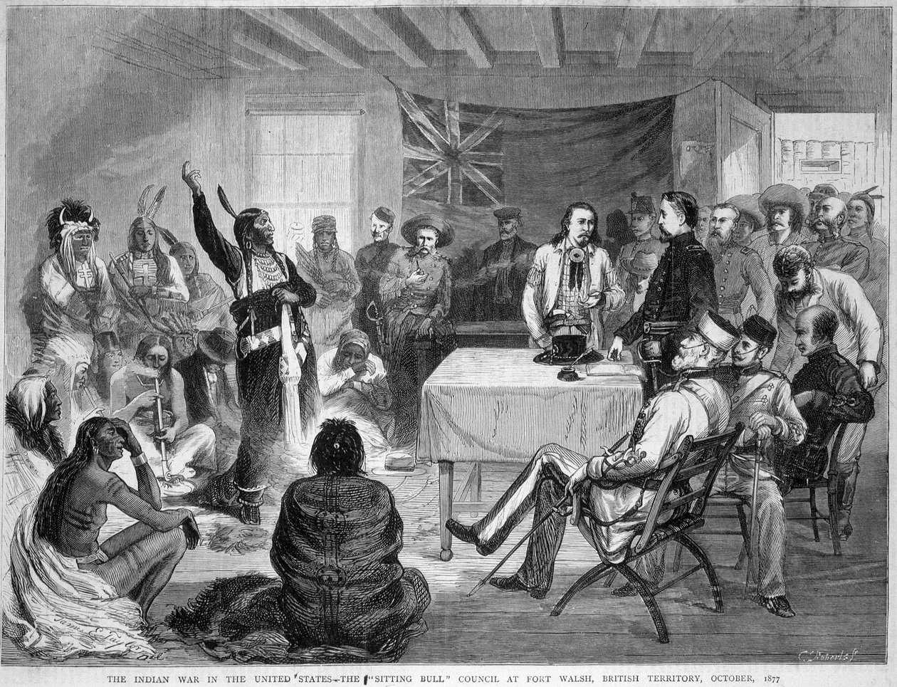 Sitting Bull et Buffalo Bill : Conseil de Sitting Bull à Fort Walsh, Territoire britannique, pendant la guerre avec les Indiens, octobre 1877 - Unknown artist