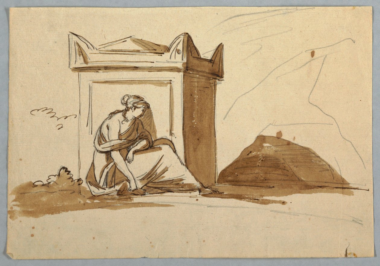 Croquis : Une femme assise devant un sarcophage antique - Unknown artist