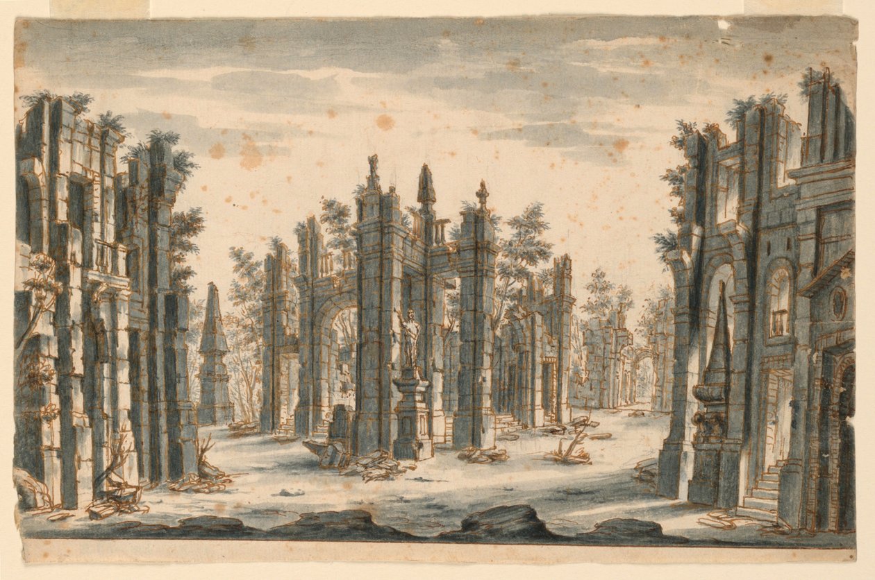 Décor de scène, groupe de bâtiments en ruines avec obélisques - Unknown artist