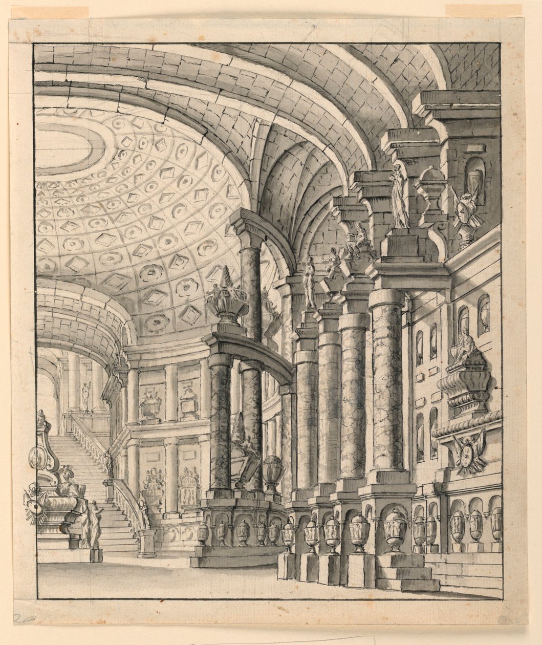 Décor de scène : Hall avec plafond à caissons et urnes - Unknown artist