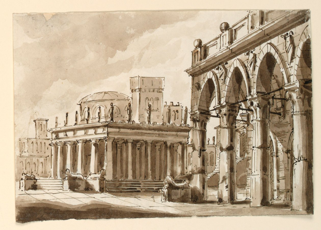Décor de scène, place avec bâtiment public - Unknown artist