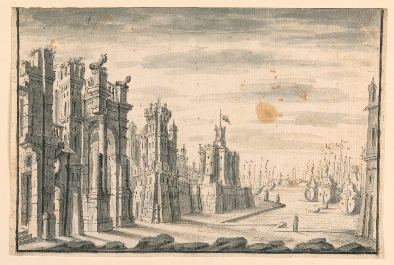 Décor de scène, vue de la ville et du port - Unknown artist