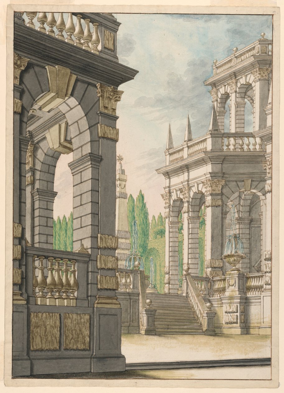 Décor de scène : Villa avec obélisque et armes d