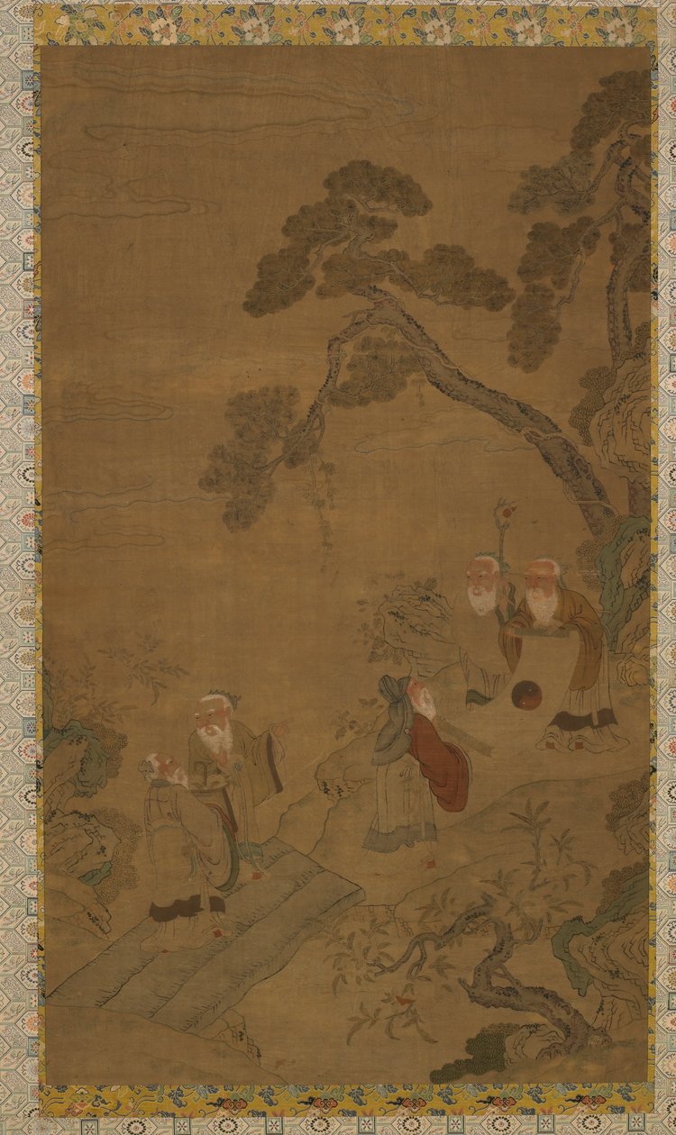 Tapisserie : cinq sages dans un jardin sous des pins - Unknown artist