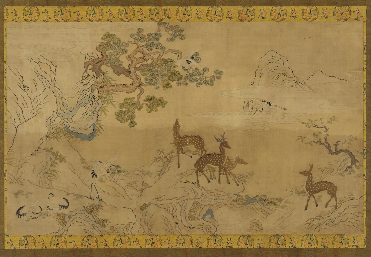 Tapisserie : paysage avec cerfs, cigognes, pins et pêcher - Unknown artist