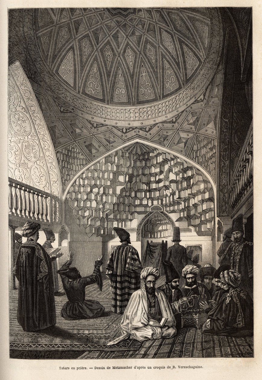 Tatars en prière, dans la mosquée de Schusha (Transcaucasie, Russie). Gravure pour illustrer le voyage dans les provinces du Caucase, par Basile Vereschaguine, en 1864-1865, publié dans « le tour du monde », sous la direction d