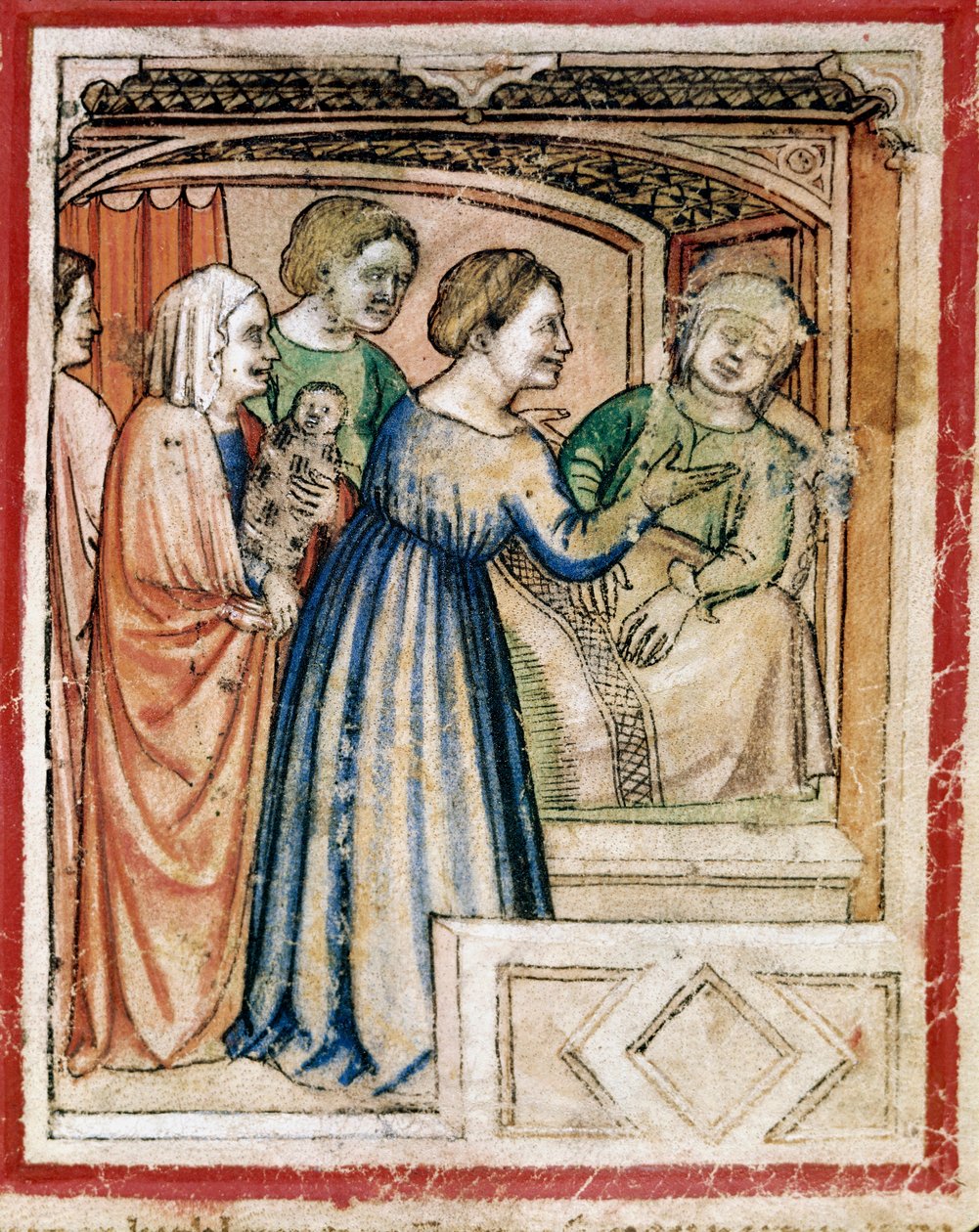 La mort de Rachel en couches. Miniature du codex 212 (ou padovano ou Bible de Padoue) 1390-1400 - Unknown artist