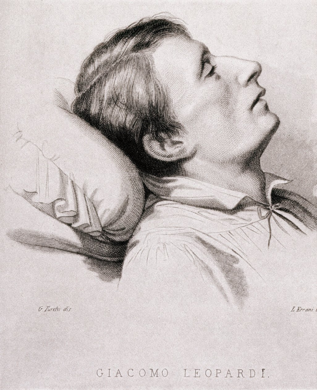 Le poète italien Giacomo Leopardi (1798-1837) sur son lit de mort. Gravure du 19ème siècle - Unknown artist
