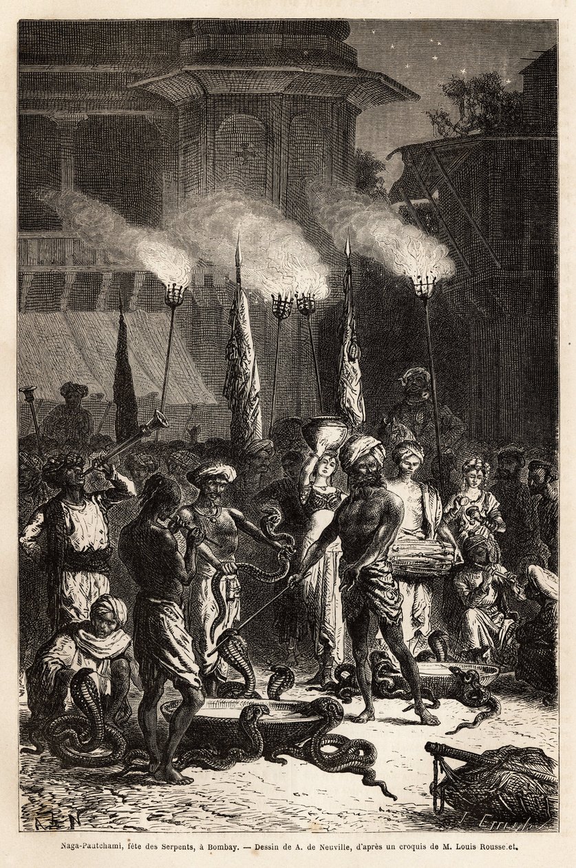 La fête du serpent Pantchami, à Bombay, pour assurer la protection contre leurs morsures mortelles, de longues processions de femmes traversent les rues jusqu