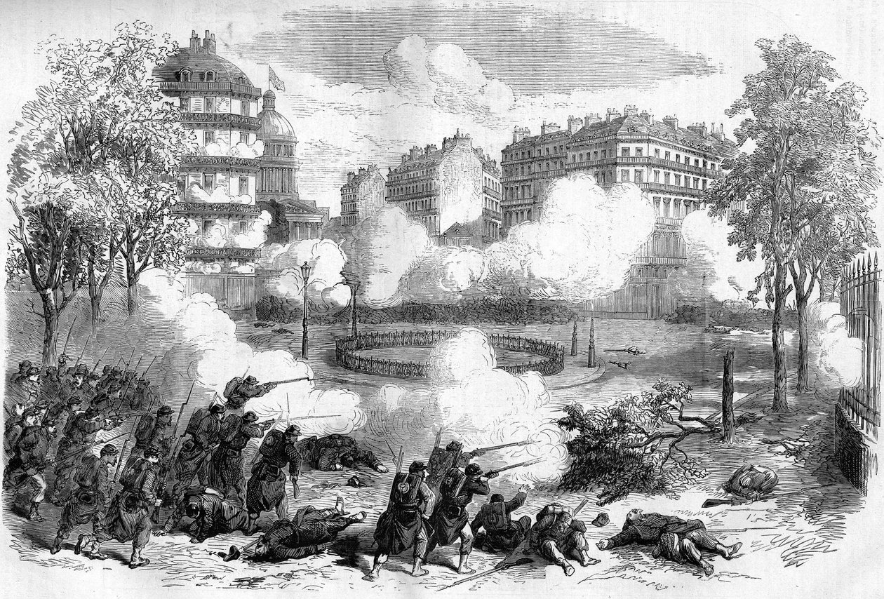 La Commune de Paris en 1871. Attaque des barricades des fédérés (communards) devant le Panthéon par le corps d