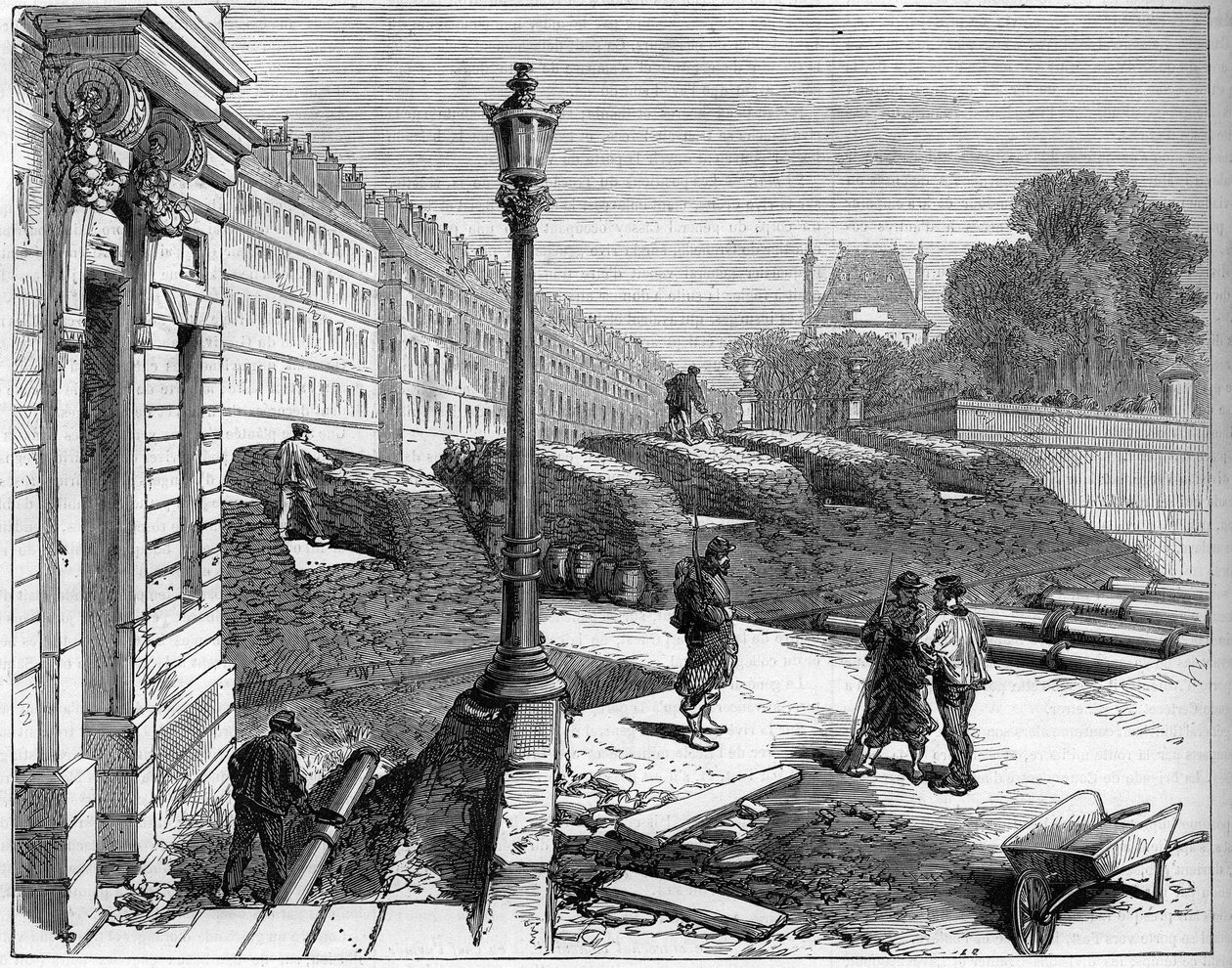 La Commune de Paris en 1871. Barricade des fédérés (communards) au coin de la rue de Rivoli et de la place de la Concorde. - Unknown artist