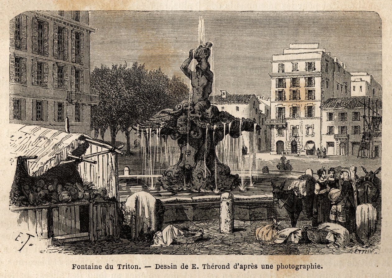 La Fontaine du Triton, à Rome, créée en 1643 par Gian Lorenzo (Gianlorenzo) Bernini dit Le Bernin (1598-1680), sur la place Barberini. Gravure pour illustrer le voyage à Rome, par Francis Wey, en 1864-1868, publié dans « Le tour du monde, nouveau journal d - Unknown artist