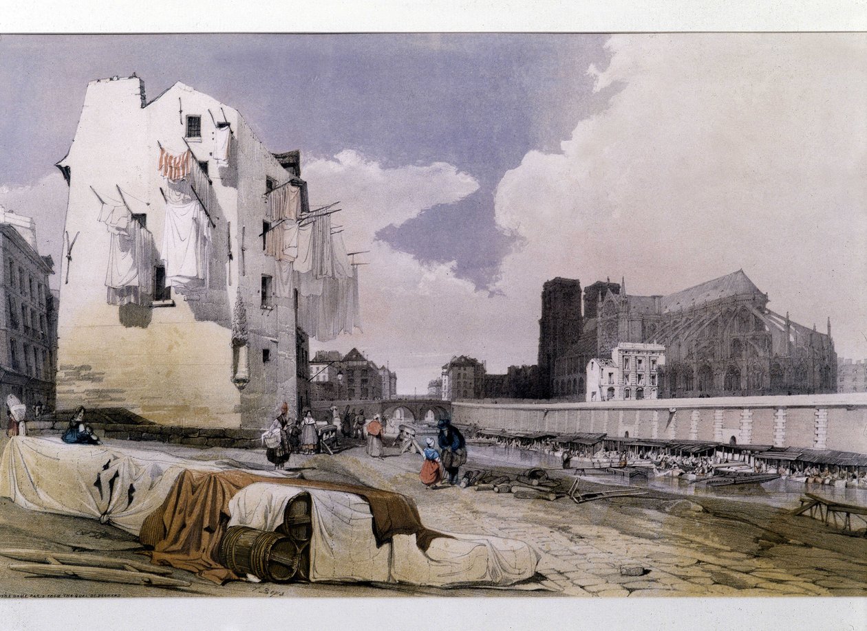 Les rives de la Seine et Notre-Dame de Paris - lithographie - Unknown artist