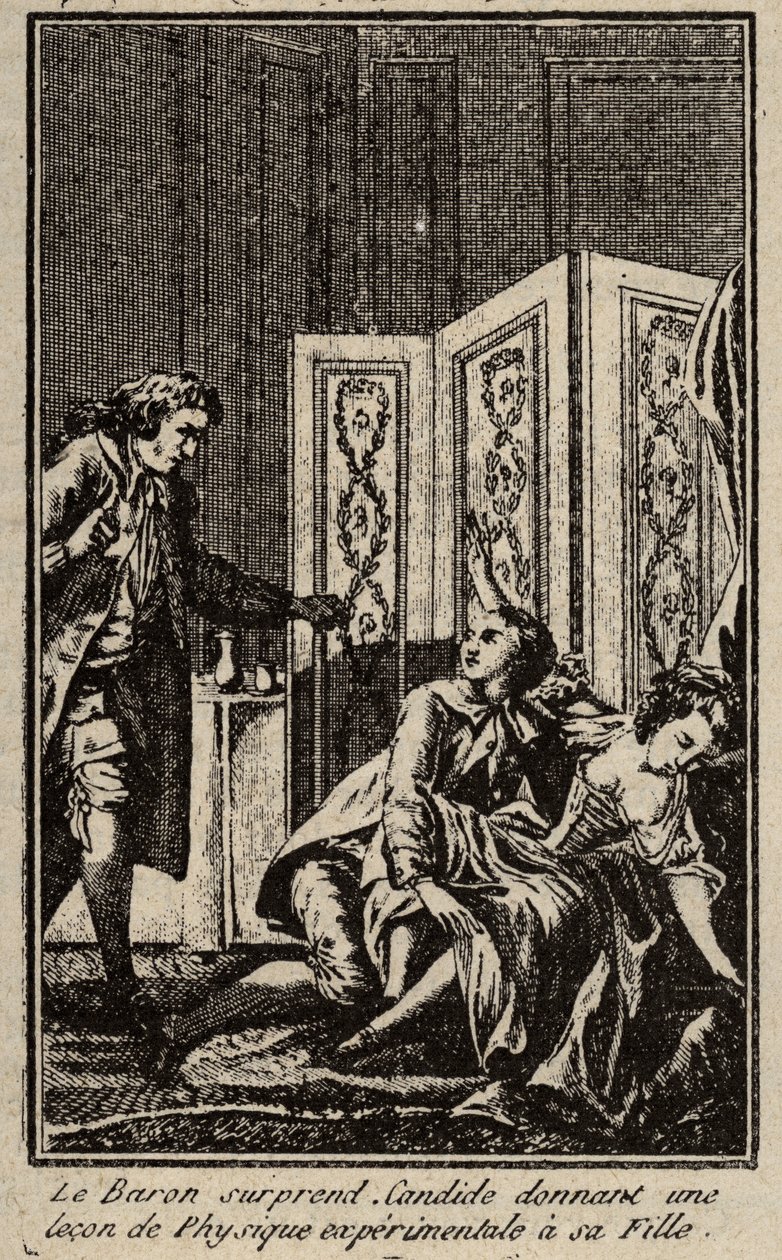 Le baron surprend Candide donnant une leçon de physique expérimentale à sa fille. Frontispice pour « Candide » de Voltaire - Unknown artist