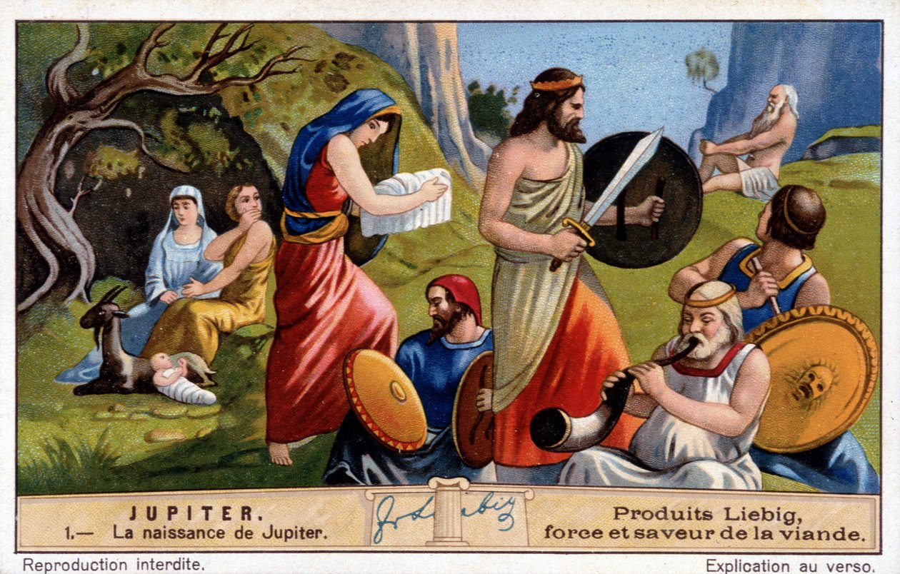 La naissance de Jupiter, Rhéa le cache en secret et donne une pierre enveloppée de lin au Titan Saturne - chromolithographie Liebig - Unknown artist