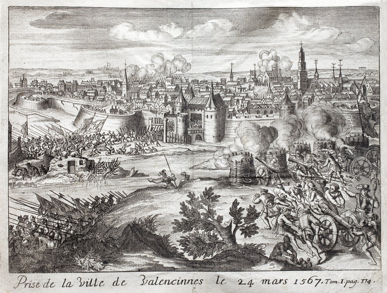 La ville de Valenciennes (France) a été prise le 24 mars 1567. Première bataille de la révolte des Gueux (début de la Guerre de Quatre-Vingts Ans (Quatre-Vingts Ans ou 80 Ans) (Révolte des Pays-Bas) (1568-1648). Gravure pour illustrer Histoire de la Guerre - Unknown artist