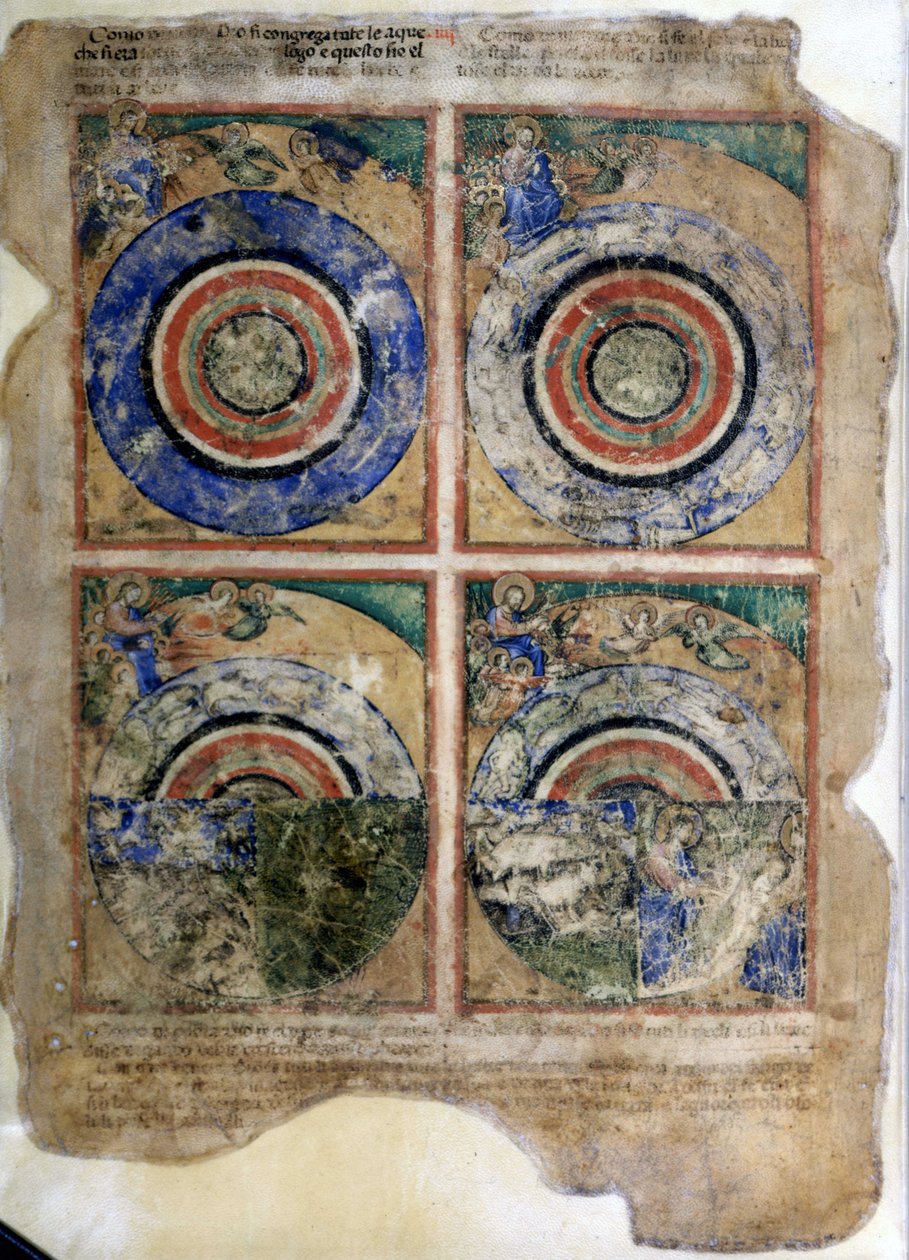 La création du monde. Genèse. Miniature du codex 212 (ou codice padovano ou Bible de Padoue) 1390-1400 Rovigo, Accademia dei Concordi - Unknown artist