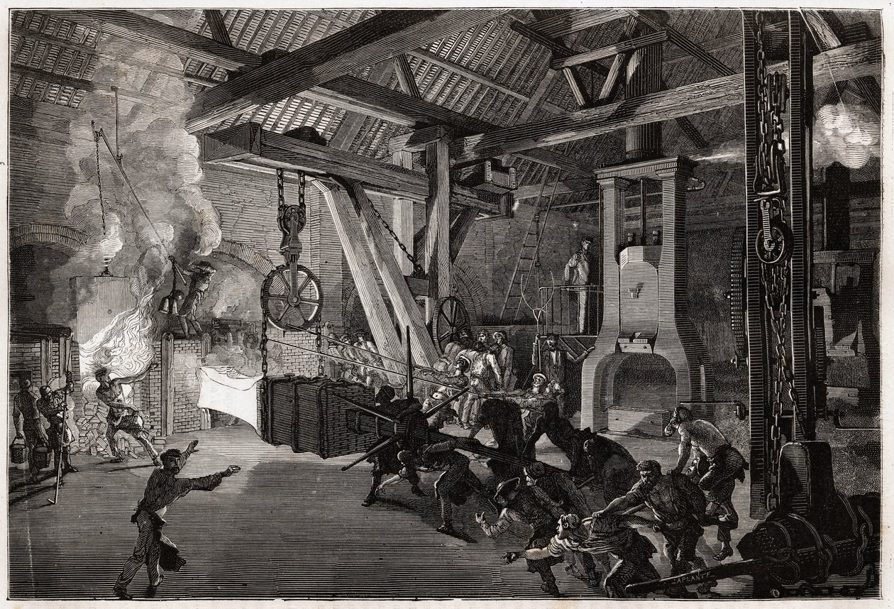 Le marteau-pilon à la forge des grandes œuvres; la pièce énorme à forger sort du four éblouissant les hommes qui manœuvrent pour la placer sous le marteau. Gravure pour illustrer un voyage au Creusot et aux mines de Saône-et-Loire, en 1865, par L. Simonin - Unknown artist
