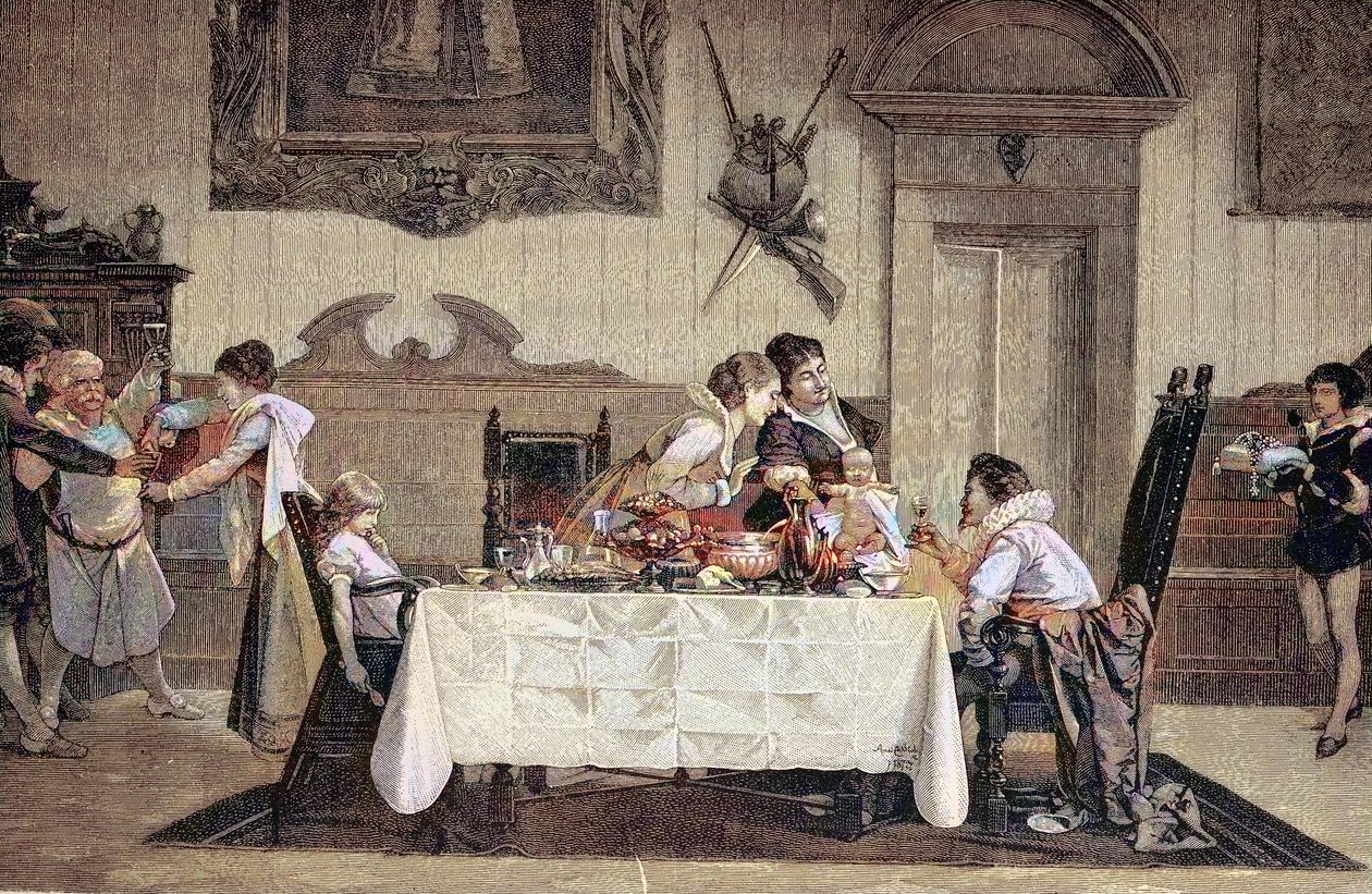 Le premier-né mâle, la sage-femme montre le nouveau-né aux autres membres de la famille - Unknown artist