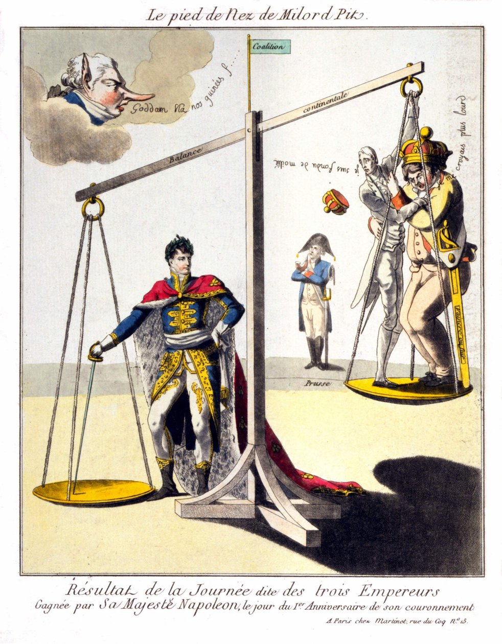 Le pied du Nez de Milord Pit - Le résultat de la soi-disant Journée des Trois Empereurs - Gagnée par Sa Majesté Napoléon, le jour du 1er anniversaire de son couronnement. Caricature sur Napoléon Ier et la 3e coalition (la Grande-Bretagne représentée par Wi - Unknown artist
