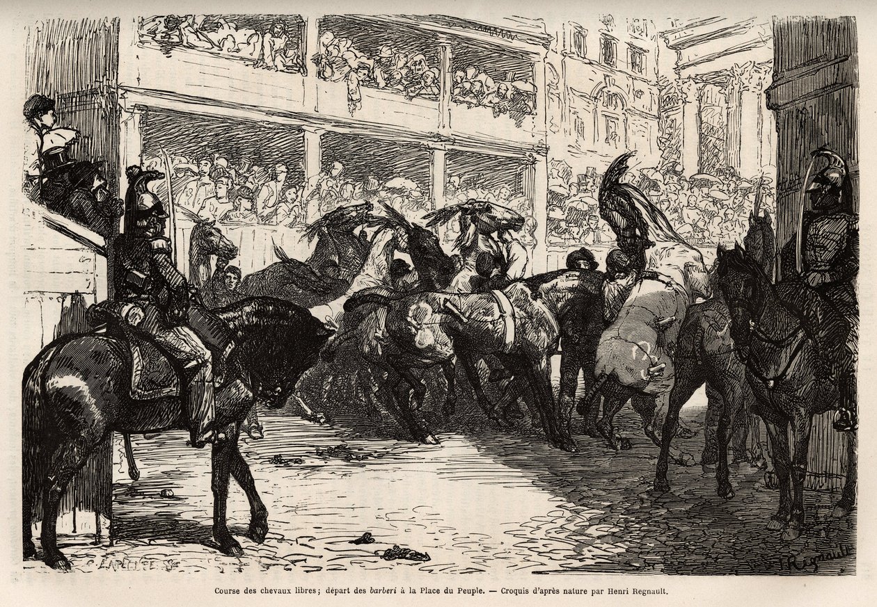 La course de chevaux libres, organisée quatre fois pendant le carnaval, commence à la Place du Peuple, puis se lance au triple galop sur le Corso jusqu