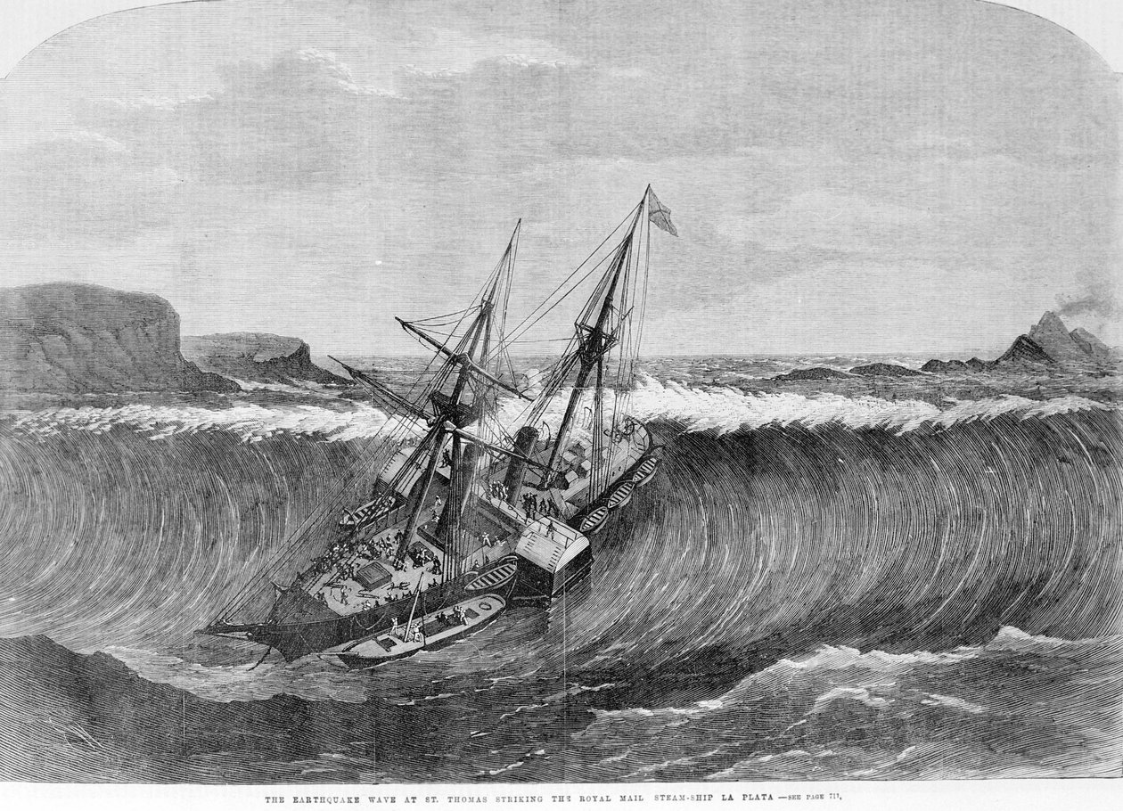 La grande vague du tsunami de décembre 1867 à Saint Thomas, Îles Vierges, tombe sur le bateau à roues La Plata. Gravure du 19ème siècle. - Unknown artist