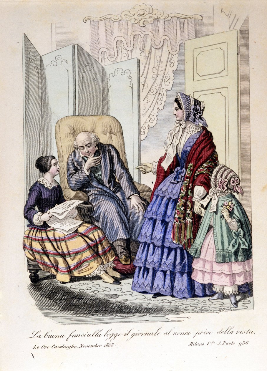 La fille lit le journal à son grand-père qui a perdu la vue. De L