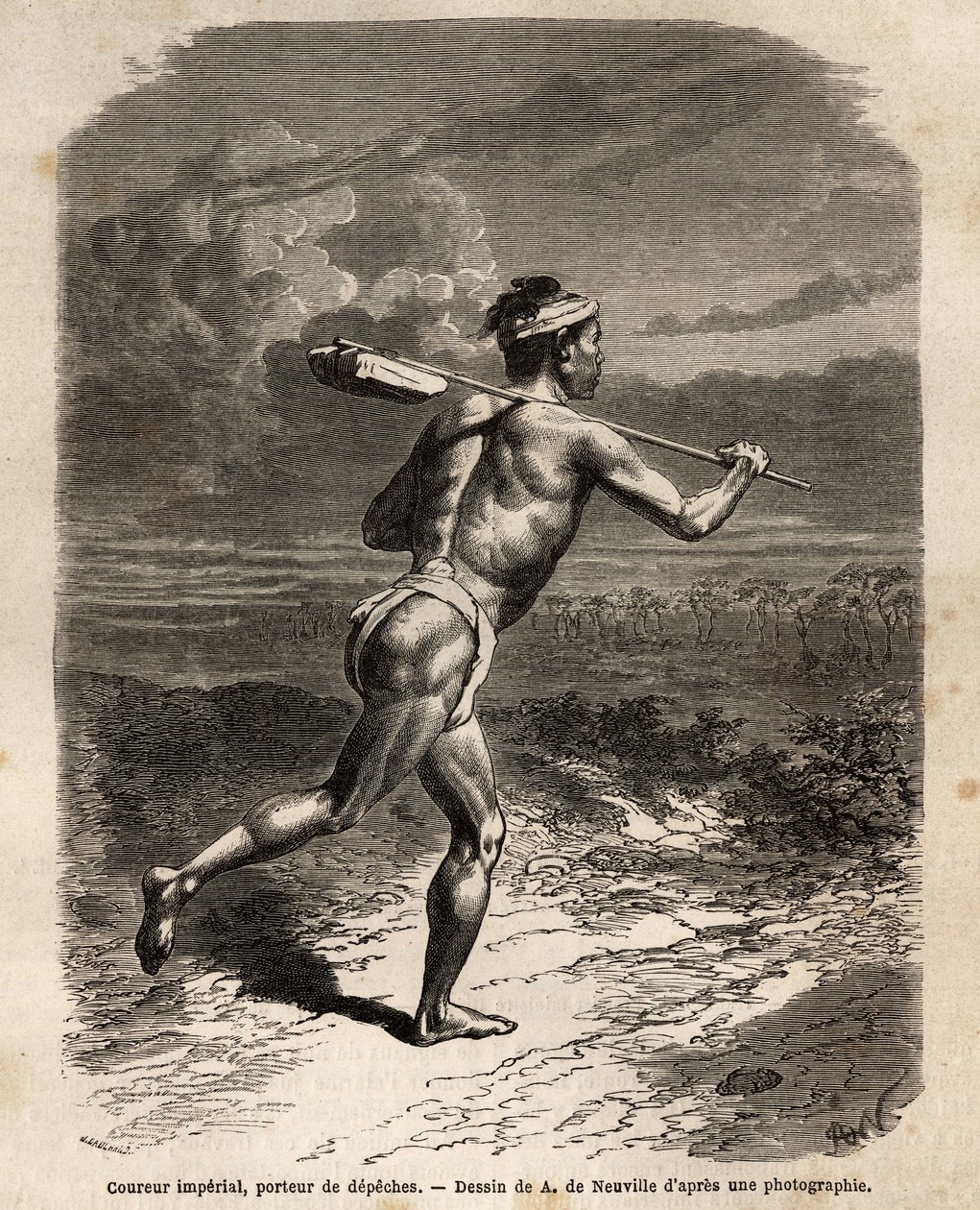 Le coureur impérial, portant les dépêches du Mikado. Gravure pour illustrer le voyage au Japon, en 1863-1864, par Aimé Humbert, ministre de la Confédération suisse, dans « Le tour du monde, nouveau journal des voyages » publié sous la direction d
