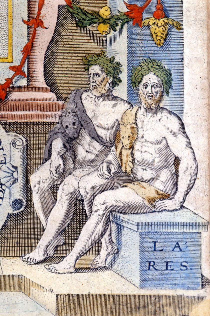 Les dieux lares : ils protègent la maison et ses habitants (ils sont les esprits des ancêtres). Gravure du XVIe siècle - Unknown artist
