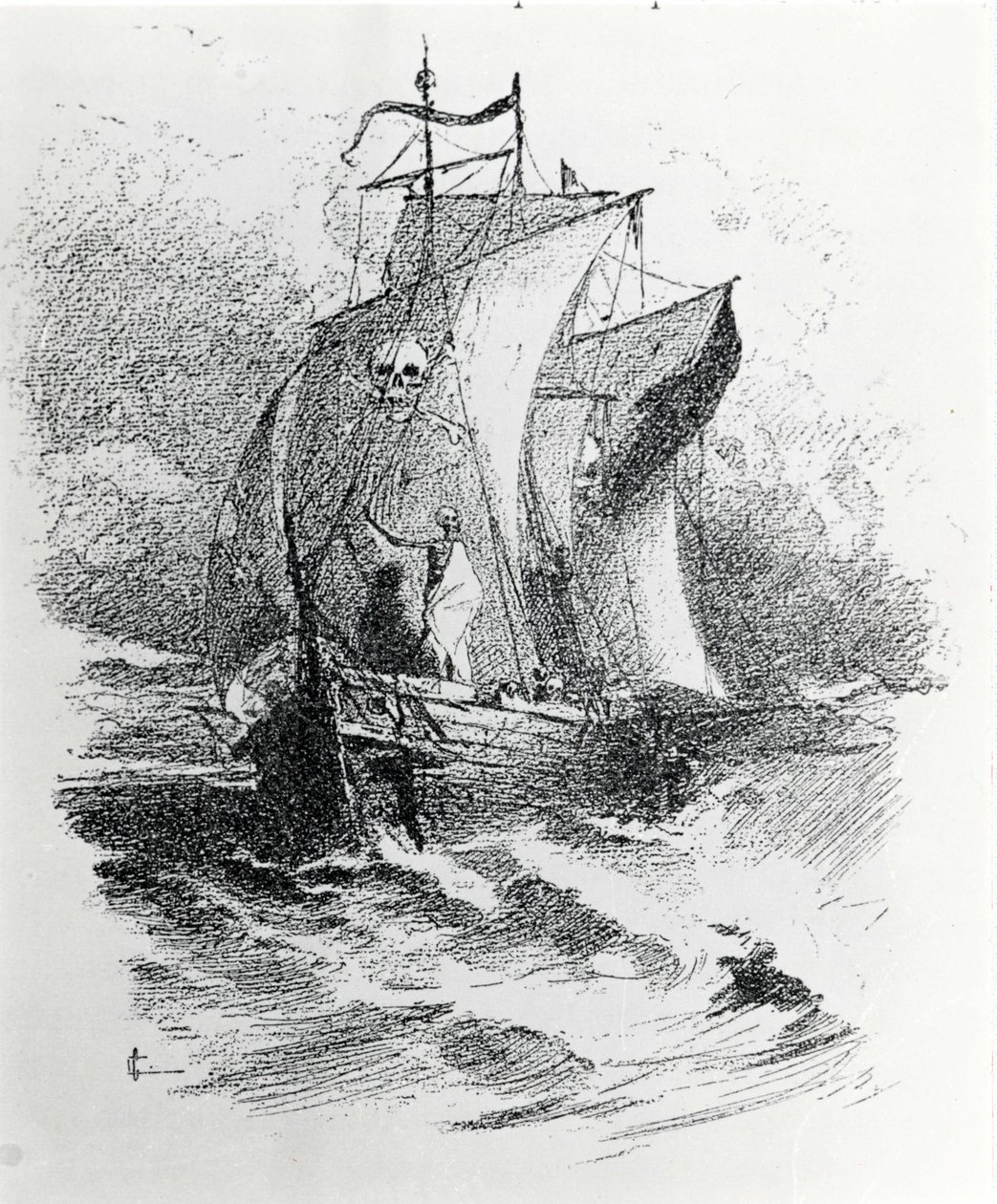La légende du Vaisseau Fantôme ou du Hollandais Volant : un commandant hollandais voulant défier le destin aurait été condamné à errer sur son navire pour toujours, apportant malheur aux navires croisant sa route. Gravure du XIXe siècle. - Unknown artist