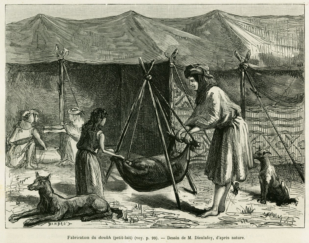 La fabrication du lait par les femmes des bergers de la région de Karoun. Gravure pour illustrer l