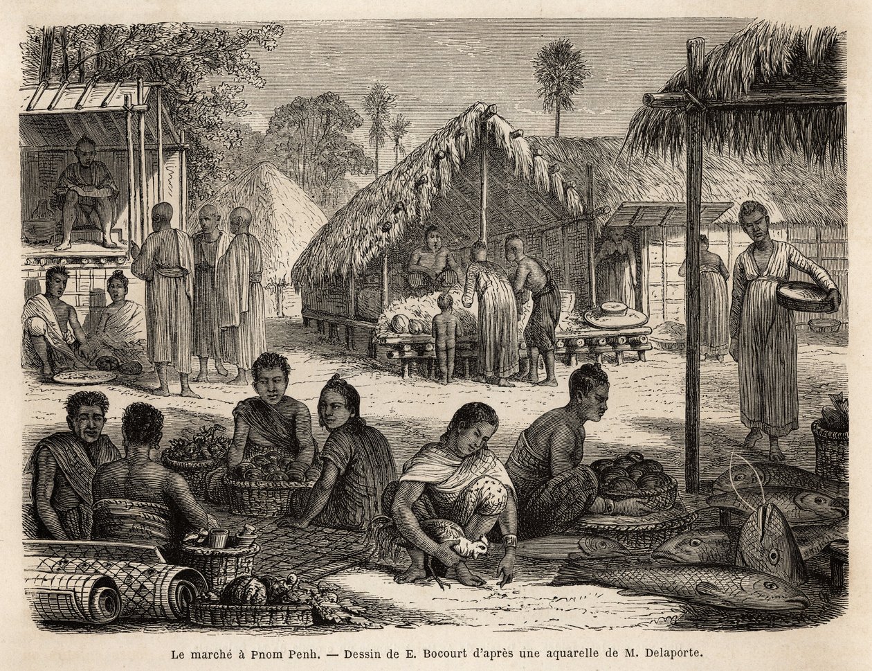 Le marché de Phnom Penh, où les commerçants malaisiens et les marchands chinois offrent une large gamme de produits de consommation et de fabrication. Gravure pour illustrer le voyage d