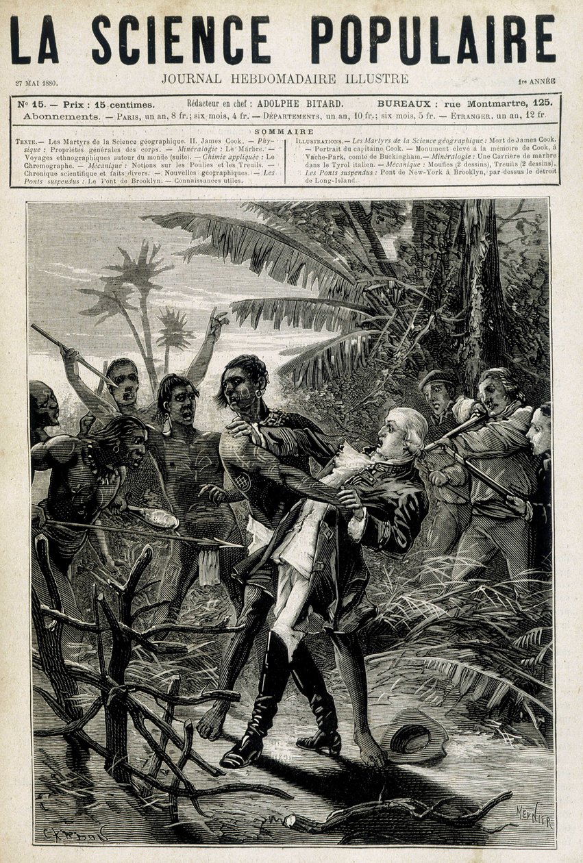 Les martyrs de la science géographique : mort du capitaine Cook. Couverture « La Science populaire » du 27 mai 1880 - Unknown artist