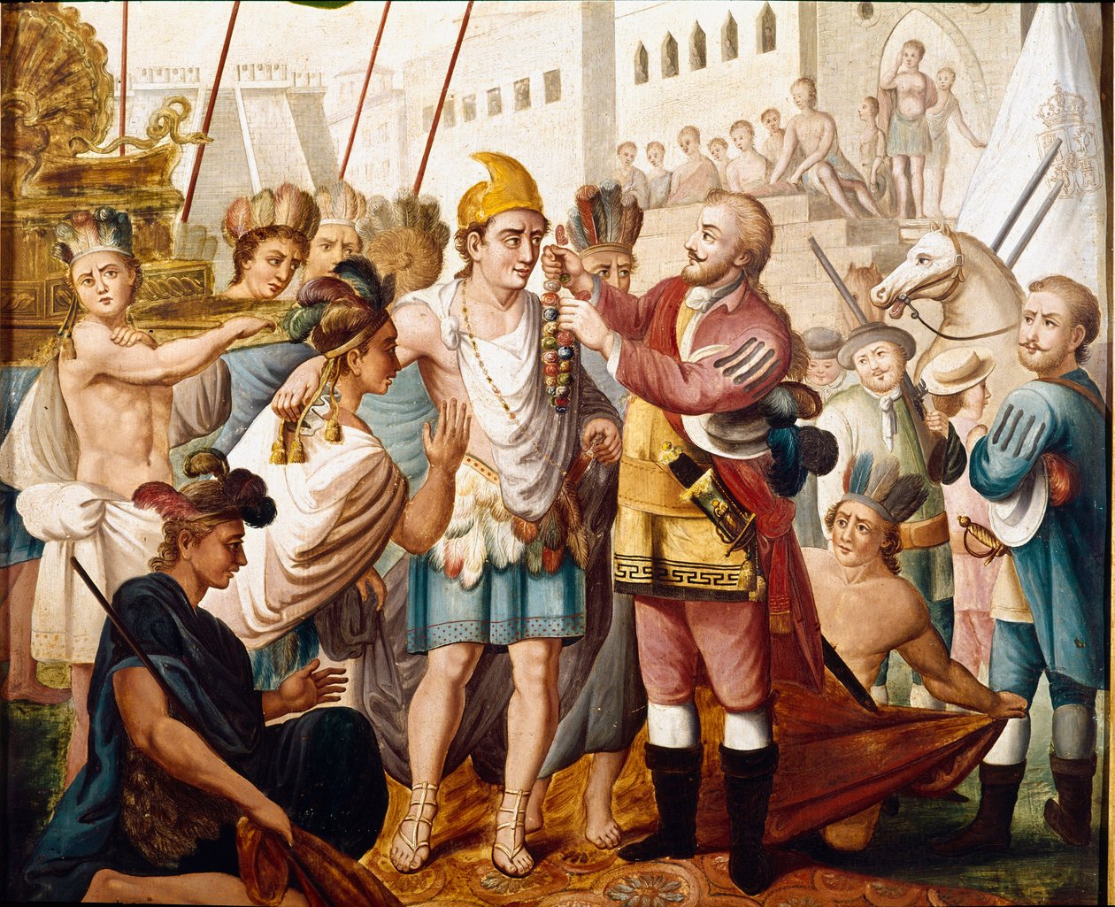 La rencontre entre Hernan Cortes et le roi aztèque Montezuma - Unknown artist