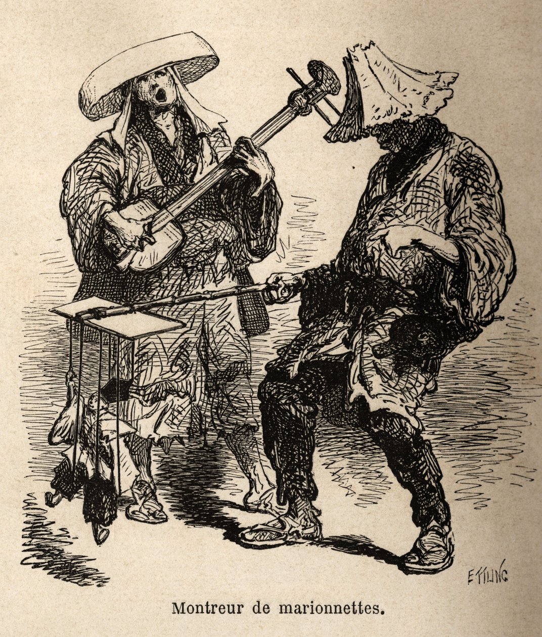 Spectacle de marionnettes et musicien accompagnateur pour divertissement de rue. Gravure pour illustrer le voyage au Japon, par Aimé Humbert, ministre de la Confédération suisse, en 1863-1864, publié dans « Le tour du monde », sous la direction de Edouard  - Unknown artist