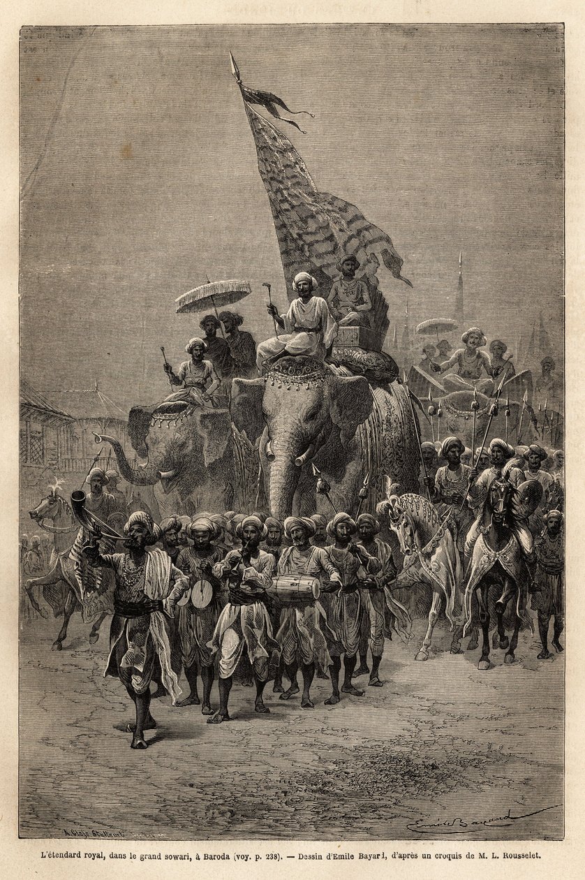 La bannière royale, dans la sowari (procession militaire), à Baroda (ou Vadodara), état du Gujarat sur la côte nord-est de l