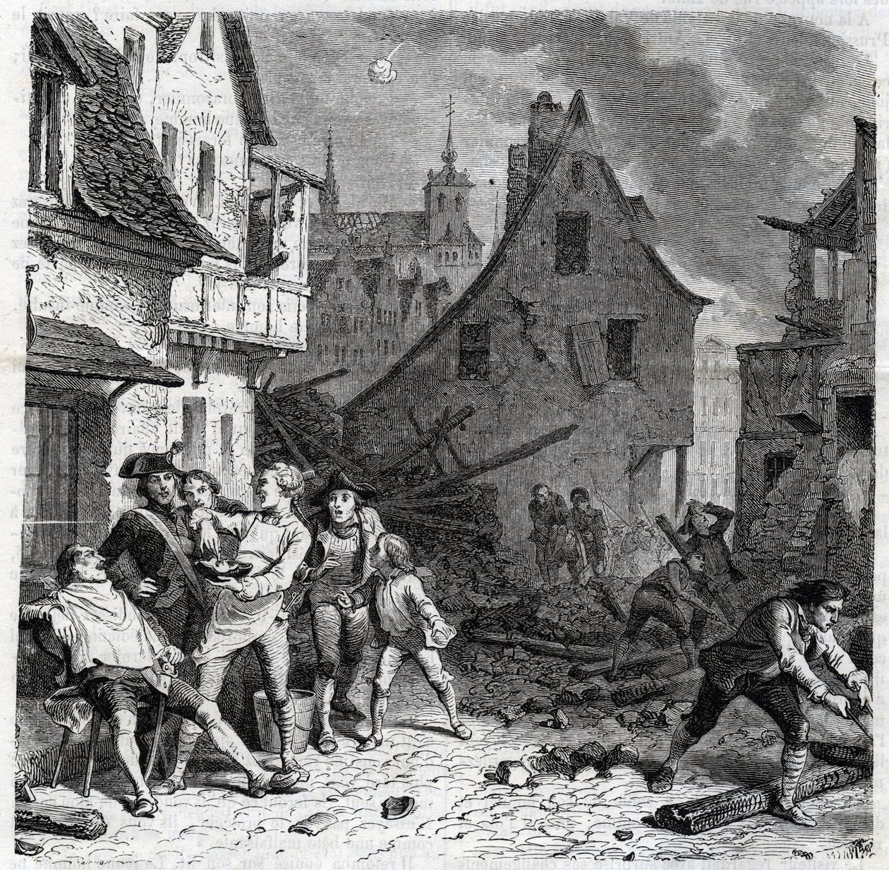 Le plat à barbe de Lille. Un épisode du siège de Lille en 1792 pendant les guerres révolutionnaires françaises - Le siège de Lille en octobre 1792 - Révolution française - Bombardement par les Autrichiens et les Prussiens - Le barbier utilise une demi-bomb - Unknown artist