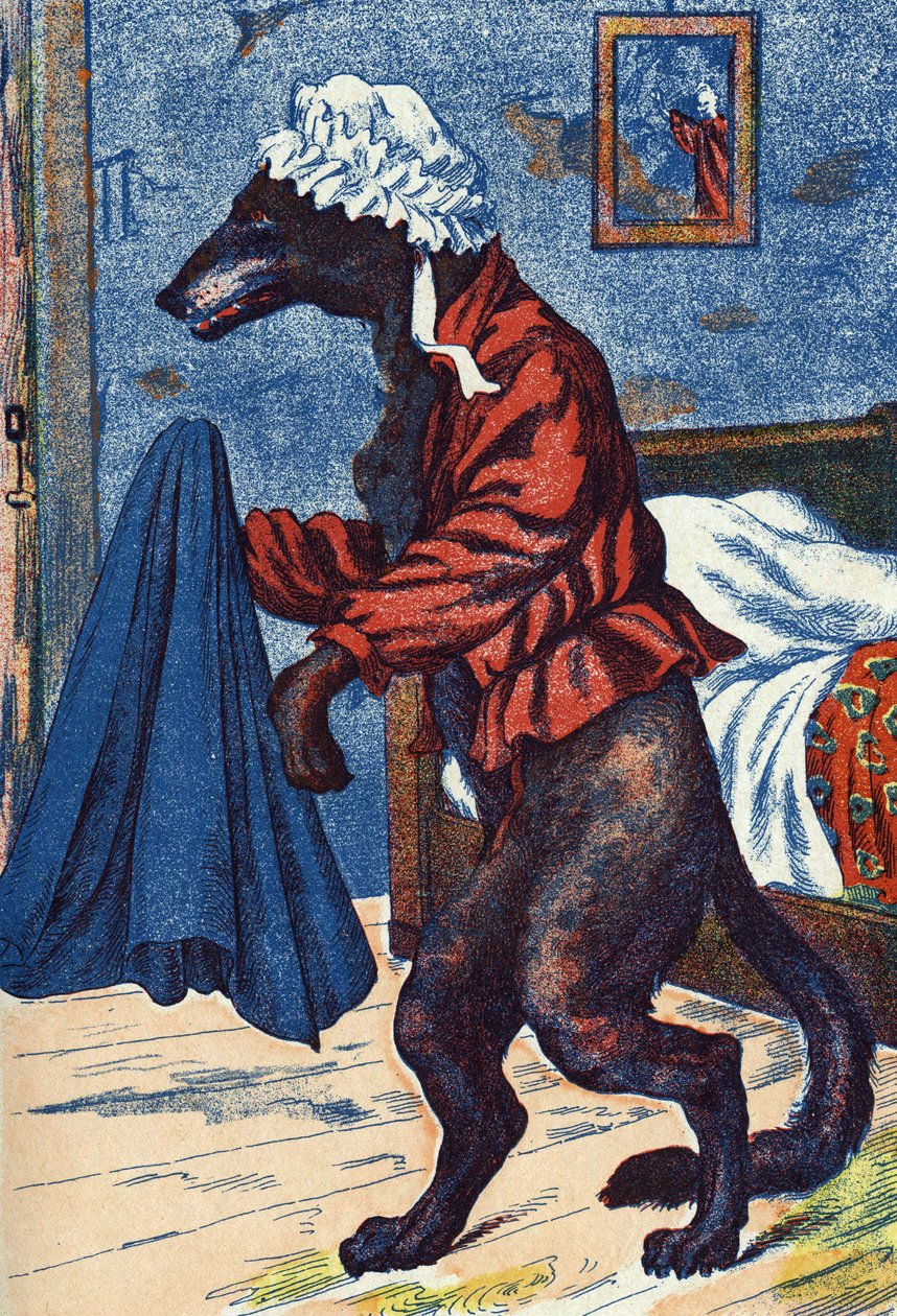 Le loup met les vêtements de la grand-mère. Illustration anonyme pour « Le Petit Chaperon rouge », conte de Charles Perrault (1628-1703), écrivain français. Imagerie Marcel Vagne, Jarville Nancy, fin du XIXe siècle. - Unknown artist