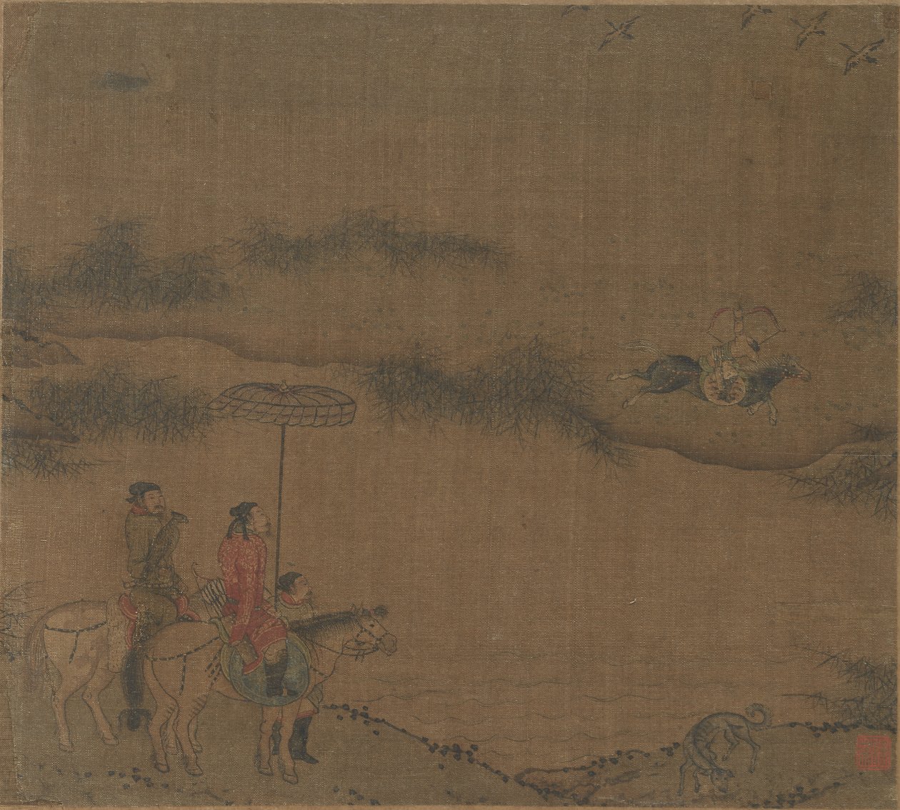 Trois cavaliers chassant des oies sauvages - Unknown artist