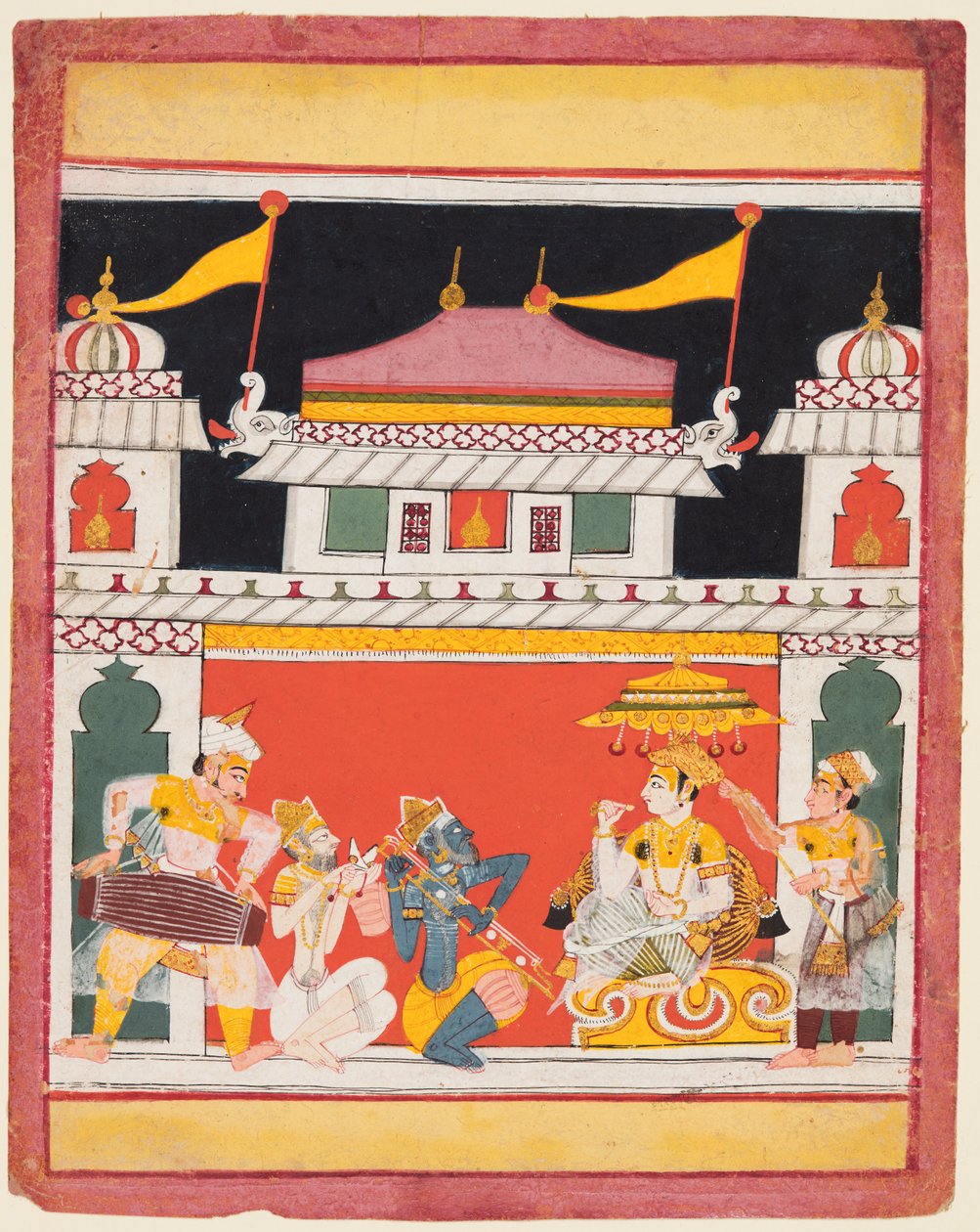 Trois musiciens jouent devant un roi : Shri Raga, d