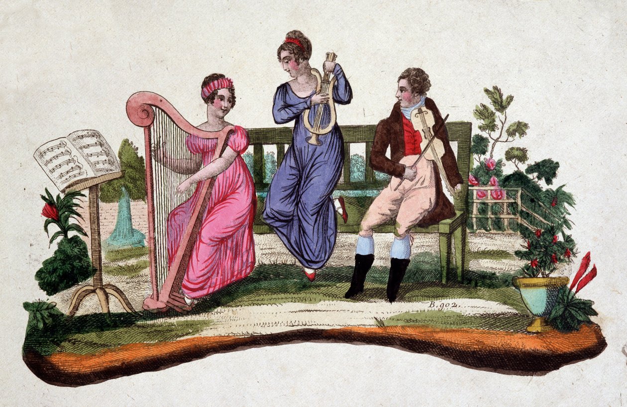 Trois personnes jouant des instruments de musique dans un jardin : harpe, lyre, viole. Gravure sd. du 18e siècle. - Unknown artist