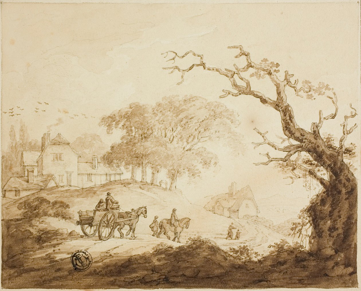 Voyageurs avec chevaux et charrette sur une route passant devant des maisons - Unknown artist