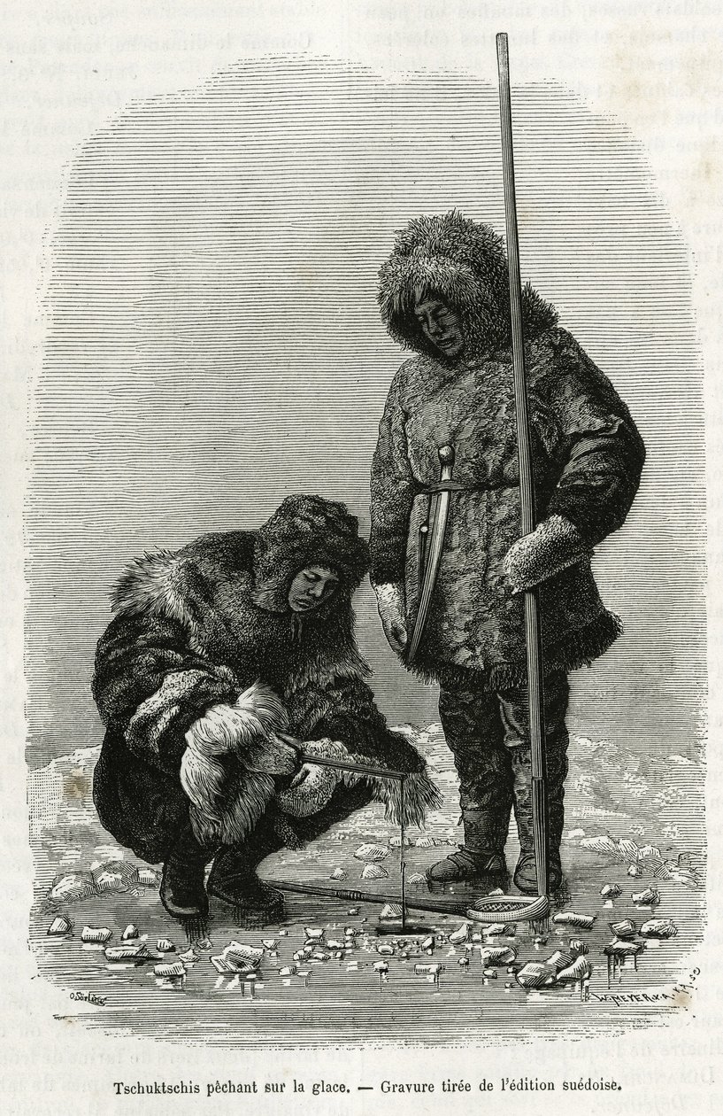 Tschuktschis pêchant sur la glace dans la baie de Koljutschin (cercle polaire). Gravure de l