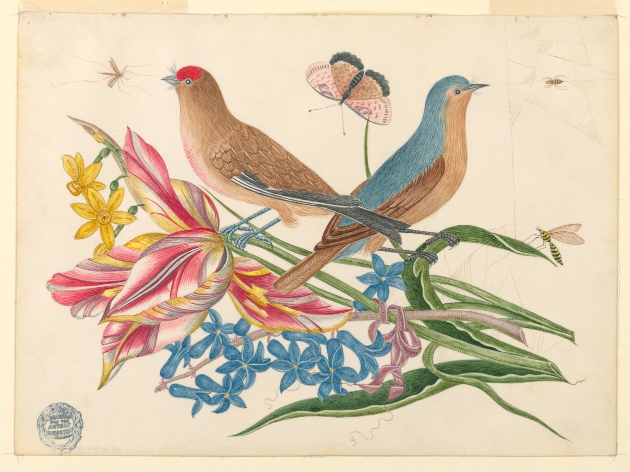 Deux oiseaux sur une branche de tulipes avec des insectes - Unknown artist